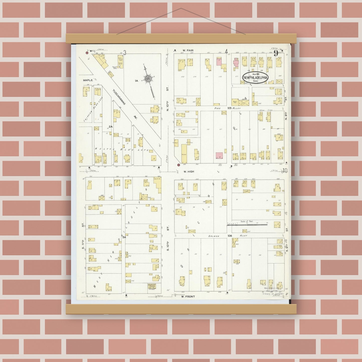 Old map wall art mockup — magnetic wood frame on brick wall — Sanborn Fire Insurance Map from New Philadelphia, Tuscarawas County, Ohio (1910), Sheet #0009