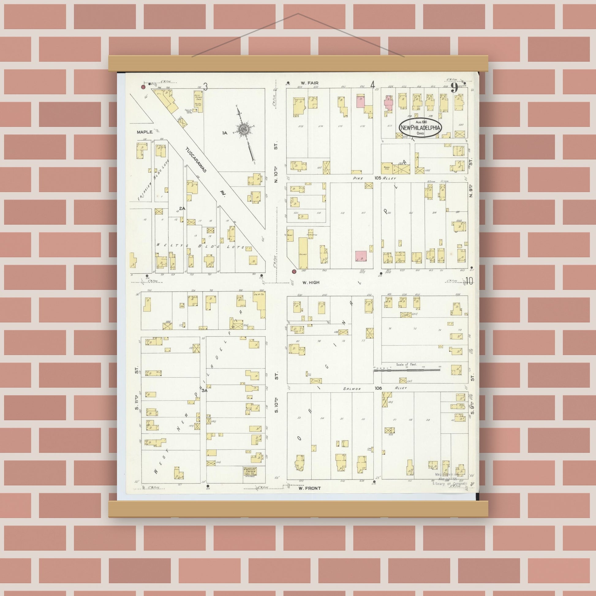 Old map wall art mockup — magnetic wood frame on brick wall — Sanborn Fire Insurance Map from New Philadelphia, Tuscarawas County, Ohio (1910), Sheet #0009