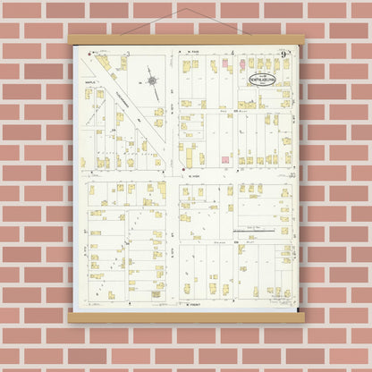 Old map wall art mockup — magnetic wood frame on brick wall — Sanborn Fire Insurance Map from New Philadelphia, Tuscarawas County, Ohio (1910), Sheet #0009