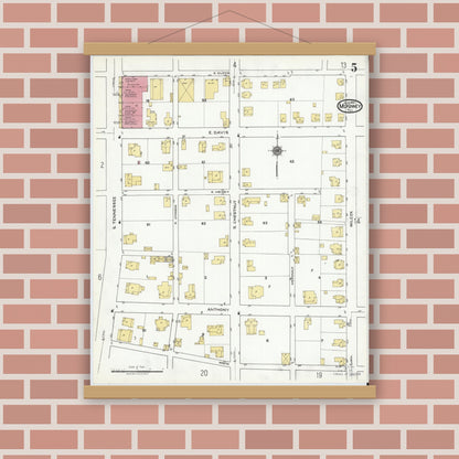Old map wall art mockup — magnetic wood frame on brick wall — Sanborn Fire Insurance Map from McKinney, Collin County, Texas (1920), Sheet #0005