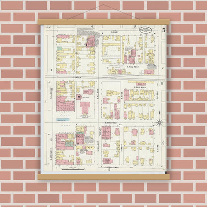 Old map wall art mockup — magnetic wood frame on brick wall — Sanborn Fire Insurance Map from Bucyrus, Crawford County, Ohio (1897), Sheet #0005