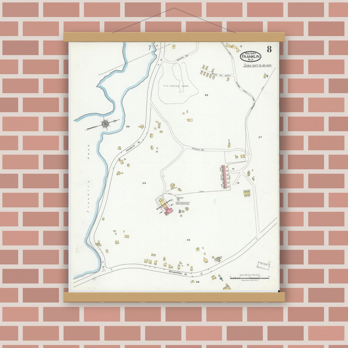 Old map wall art mockup — magnetic wood frame on brick wall — Sanborn Fire Insurance Map from Franklin, Sussex County, New Jersey (1920), Sheet #0008