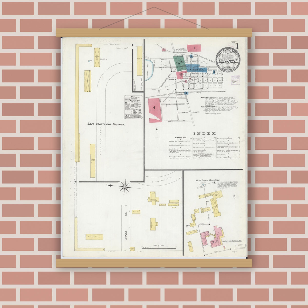 Old map wall art mockup — magnetic wood frame on brick wall — Sanborn Fire Insurance Map from Libertyville, Lake County, Illinois (1907) - Complete Map Set