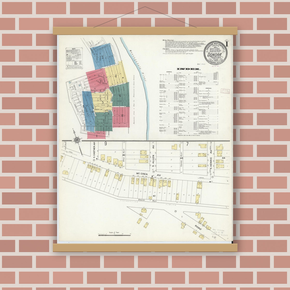 Old map wall art mockup — magnetic wood frame on brick wall — Sanborn Fire Insurance Map from Donora, Washington County, Pennsylvania (1909), Sheet #0001