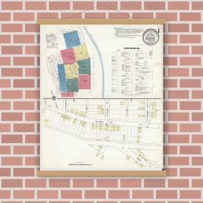 Old map wall art mockup — magnetic wood frame on brick wall — Sanborn Fire Insurance Map from Donora, Washington County, Pennsylvania (1909), Sheet #0001