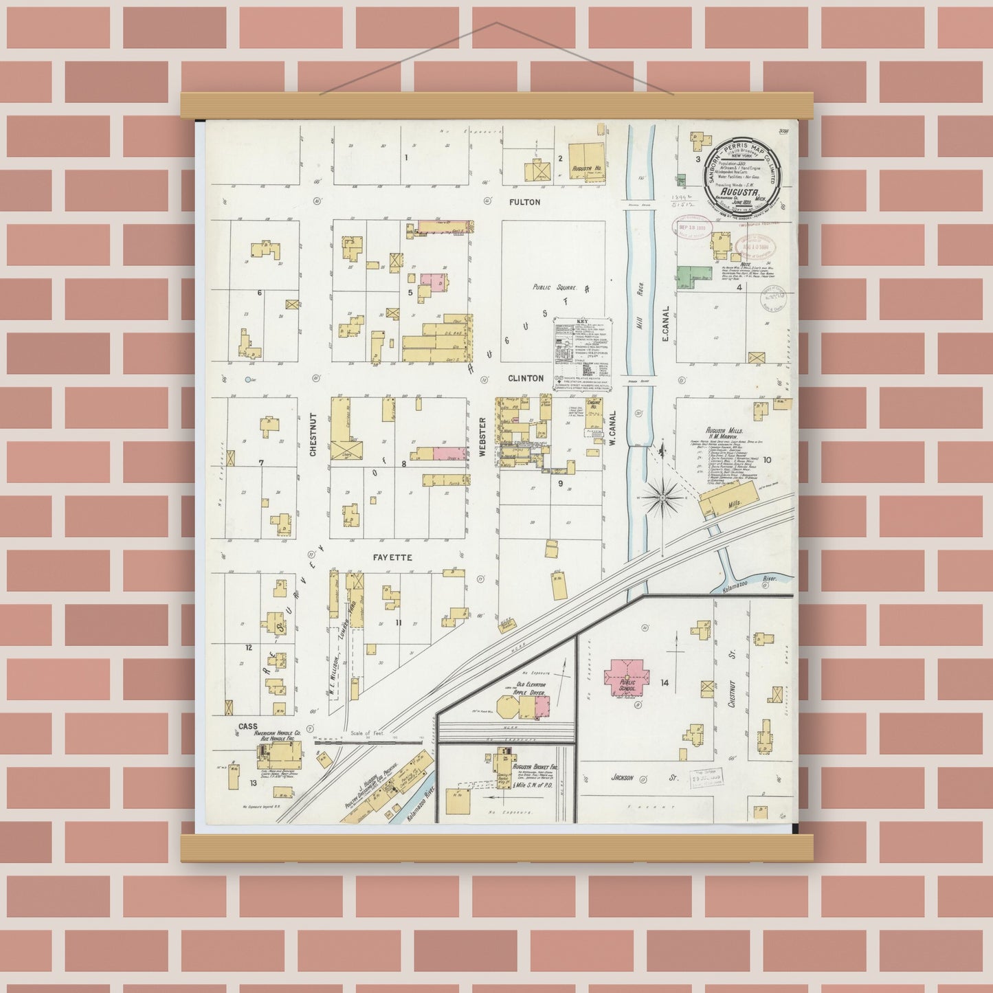 Old map wall art mockup — magnetic wood frame on brick wall — Sanborn Fire Insurance Map from Augusta, Kalamazoo County, Michigan (1899), Sheet #0001