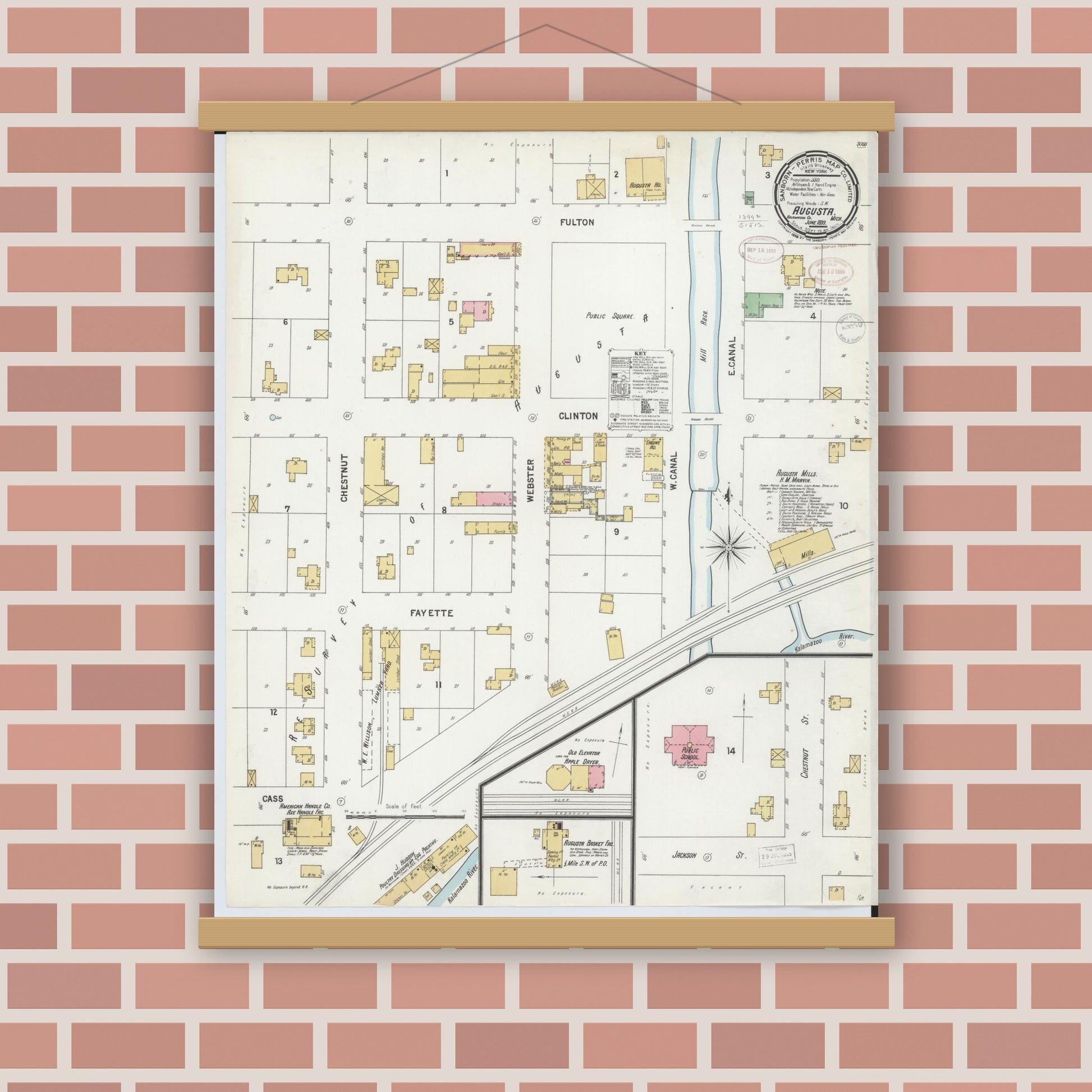Old map wall art mockup — magnetic wood frame on brick wall — Sanborn Fire Insurance Map from Augusta, Kalamazoo County, Michigan (1899), Sheet #0001