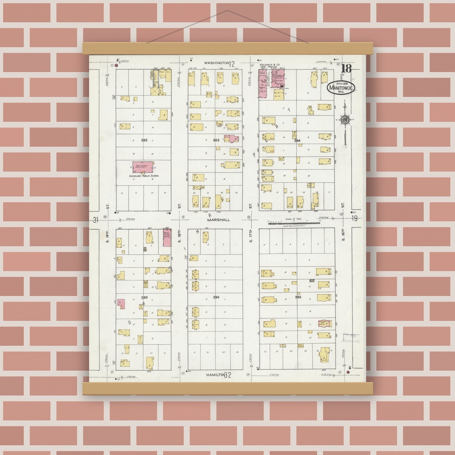 Old map wall art mockup — magnetic wood frame on brick wall — Sanborn Fire Insurance Map from Manitowoc, Manitowoc County, Wisconsin (1919), Sheet #0018