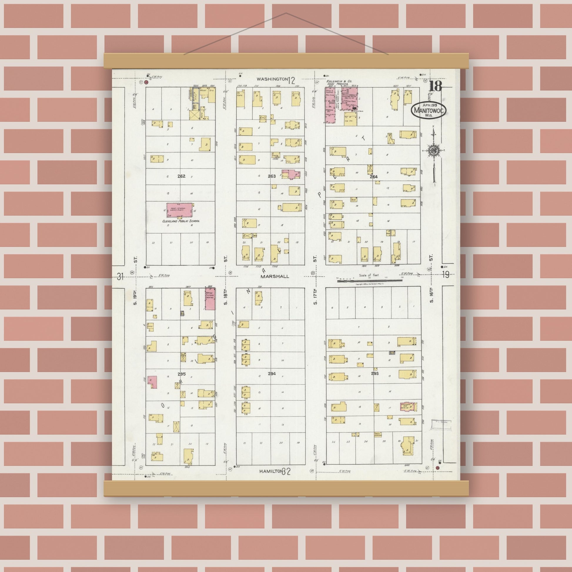 Old map wall art mockup — magnetic wood frame on brick wall — Sanborn Fire Insurance Map from Manitowoc, Manitowoc County, Wisconsin (1919), Sheet #0018