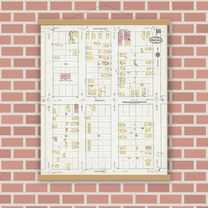 Old map wall art mockup — magnetic wood frame on brick wall — Sanborn Fire Insurance Map from Manitowoc, Manitowoc County, Wisconsin (1919), Sheet #0018