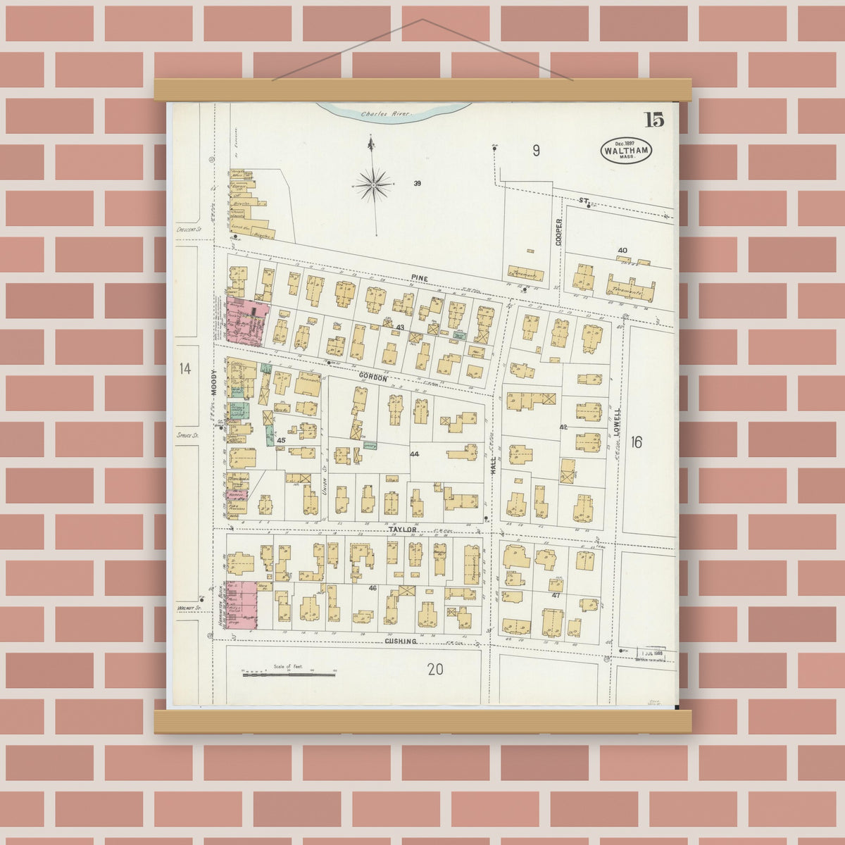 Old map wall art mockup — magnetic wood frame on brick wall — Sanborn Fire Insurance Map from Waltham, Middlesex County, Massachusetts (1897), Sheet #0015