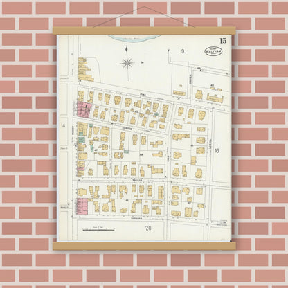 Old map wall art mockup — magnetic wood frame on brick wall — Sanborn Fire Insurance Map from Waltham, Middlesex County, Massachusetts (1897), Sheet #0015
