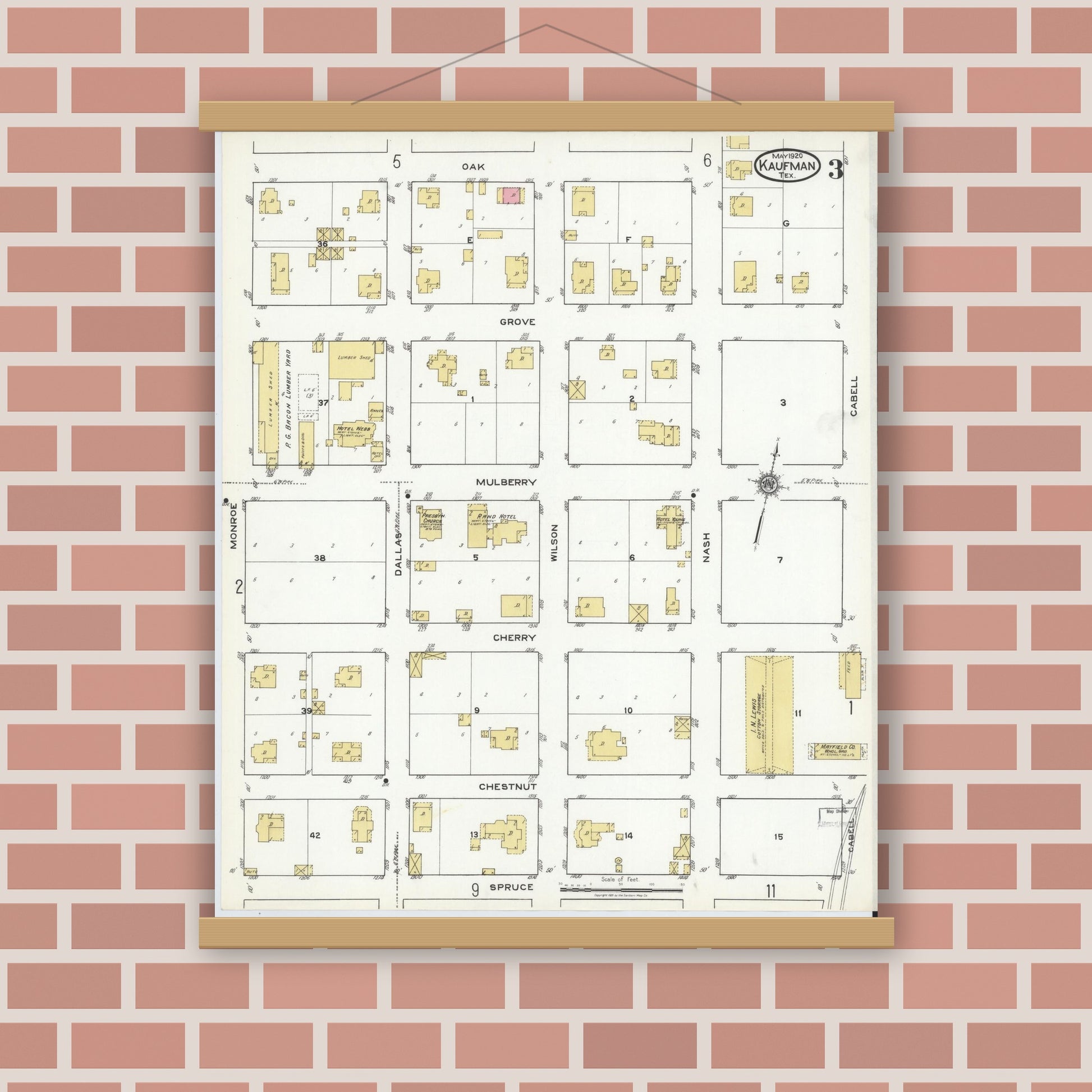 Old map wall art mockup — magnetic wood frame on brick wall — Sanborn Fire Insurance Map from Kaufman, Kaufman County, Texas (1920), Sheet #0003
