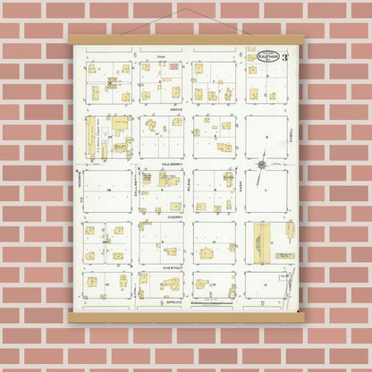 Old map wall art mockup — magnetic wood frame on brick wall — Sanborn Fire Insurance Map from Kaufman, Kaufman County, Texas (1920), Sheet #0003