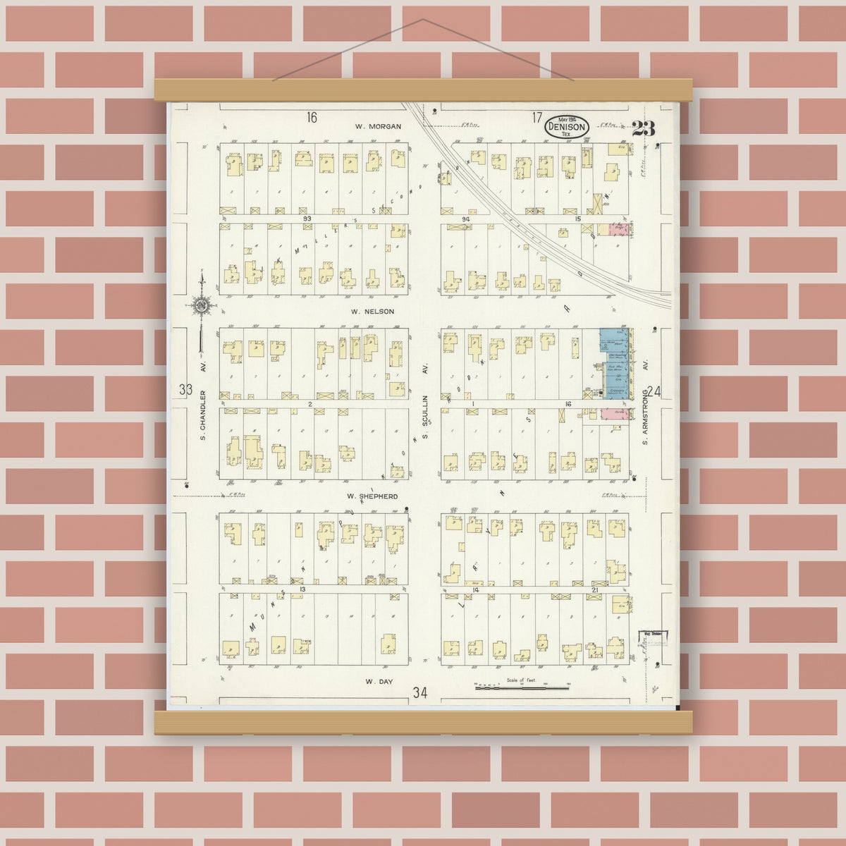 Old map wall art mockup — magnetic wood frame on brick wall — Sanborn Fire Insurance Map from Denison, Grayson County, Texas (1914), Sheet #0023