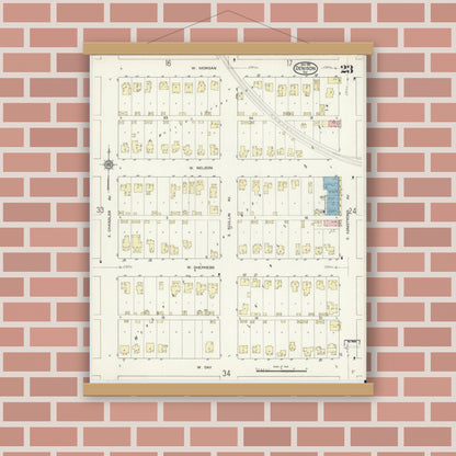 Old map wall art mockup — magnetic wood frame on brick wall — Sanborn Fire Insurance Map from Denison, Grayson County, Texas (1914), Sheet #0023