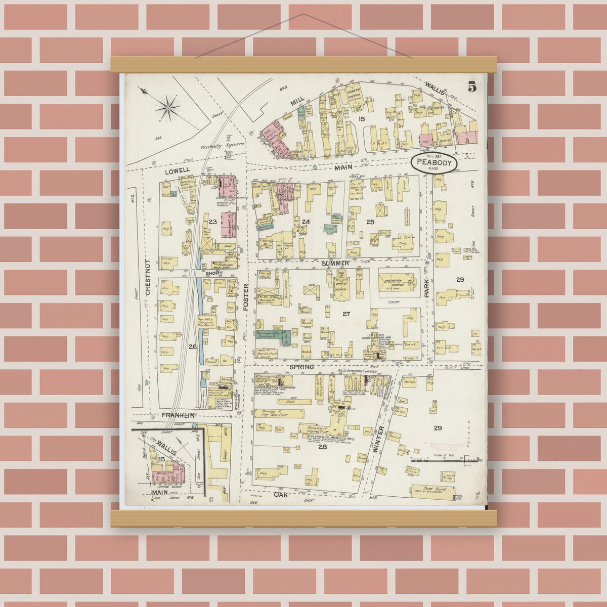 Old map wall art mockup — magnetic wood frame on brick wall — Sanborn Fire Insurance Map from Peabody, Essex County, Massachusetts (1887), Sheet #0005