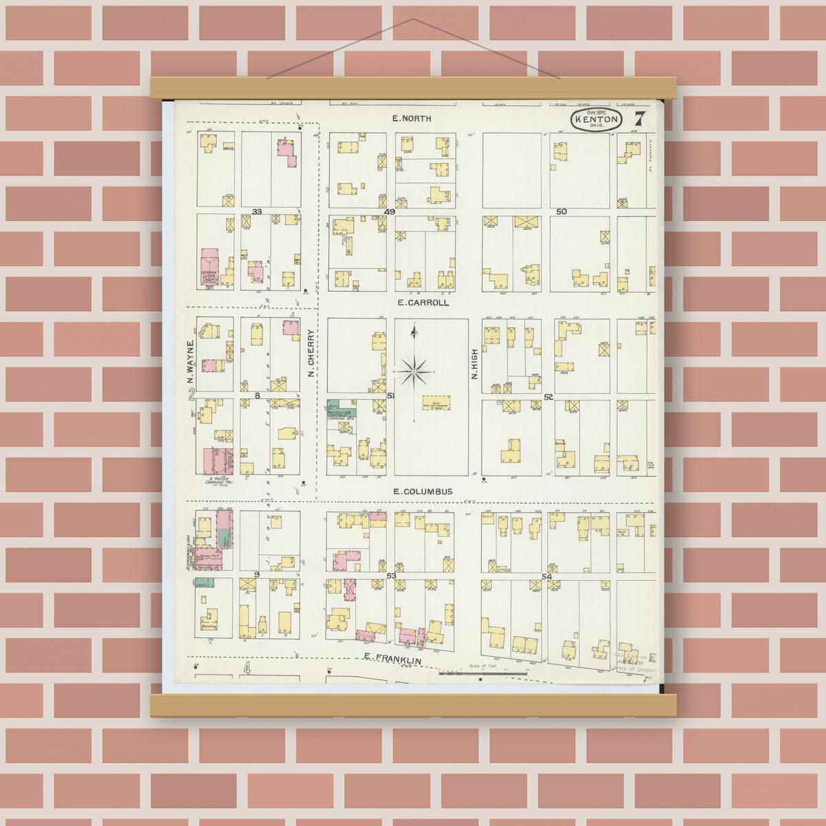 Old map wall art mockup — magnetic wood frame on brick wall — Sanborn Fire Insurance Map from Kenton, Hardin County, Ohio (1892), Sheet #0007
