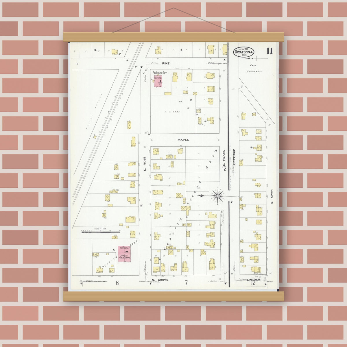 Old map wall art mockup — magnetic wood frame on brick wall — Sanborn Fire Insurance Map from Owatonna, Steele County, Minnesota (1909), Sheet #0011