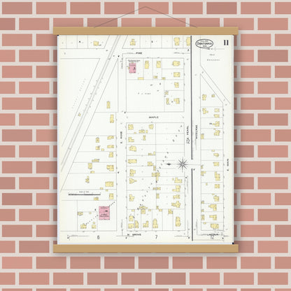 Old map wall art mockup — magnetic wood frame on brick wall — Sanborn Fire Insurance Map from Owatonna, Steele County, Minnesota (1909), Sheet #0011