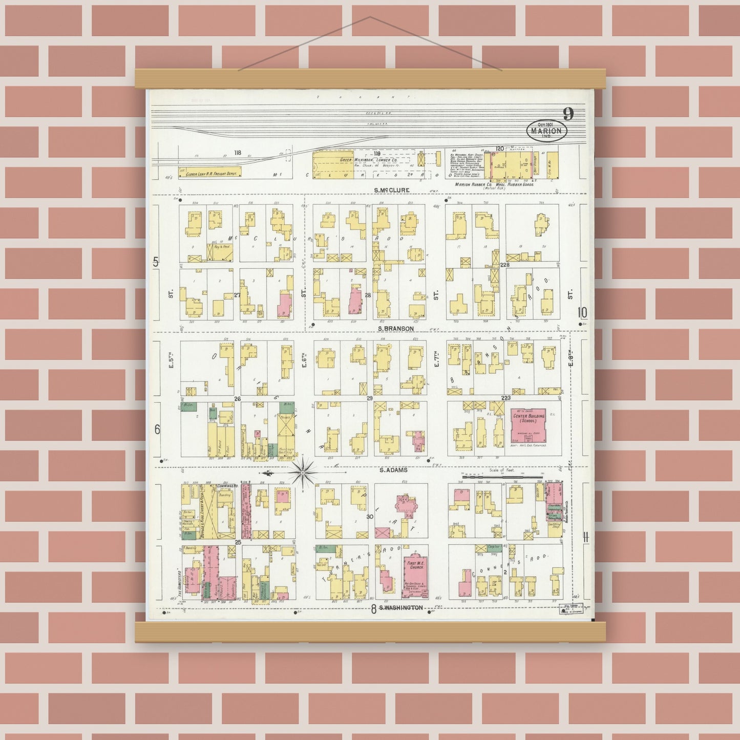 Old map wall art mockup — magnetic wood frame on brick wall — Sanborn Fire Insurance Map from Marion, Grant County, Indiana (1901), Sheet #0009