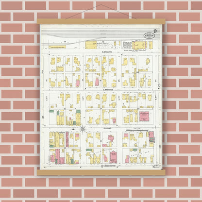 Old map wall art mockup — magnetic wood frame on brick wall — Sanborn Fire Insurance Map from Marion, Grant County, Indiana (1901), Sheet #0009