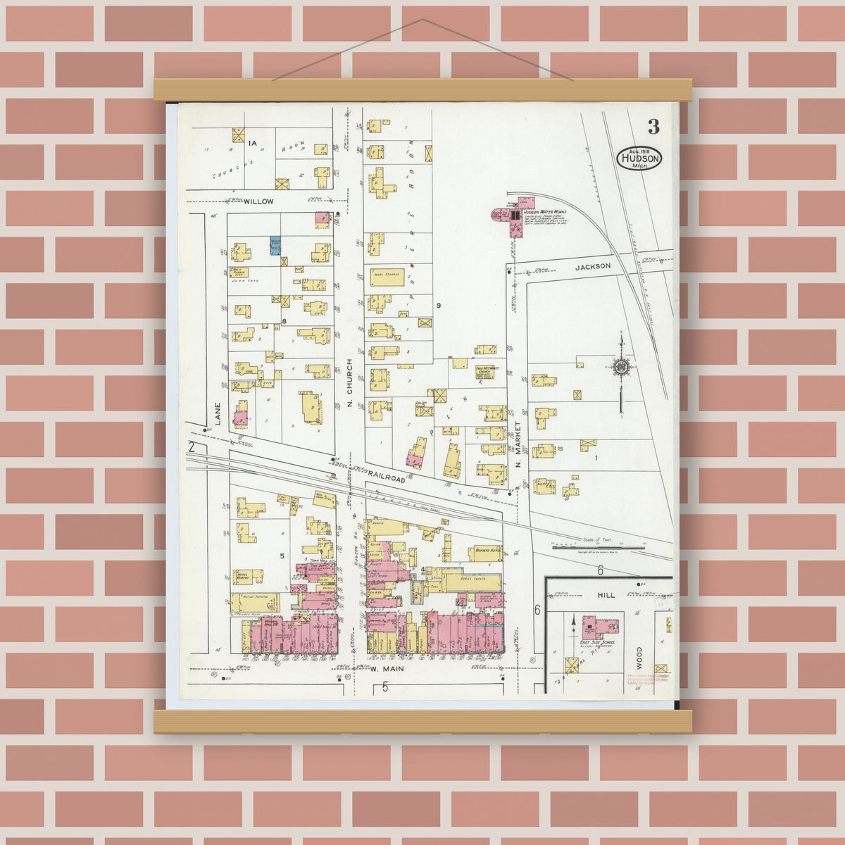 Old map wall art mockup — magnetic wood frame on brick wall — Sanborn Fire Insurance Map from Hudson, Lenawee County, Michigan (1919), Sheet #0003
