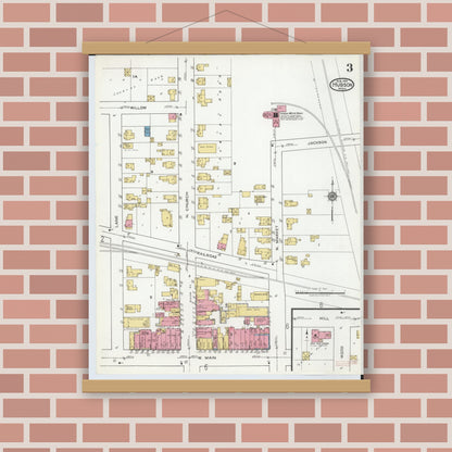 Old map wall art mockup — magnetic wood frame on brick wall — Sanborn Fire Insurance Map from Hudson, Lenawee County, Michigan (1919), Sheet #0003