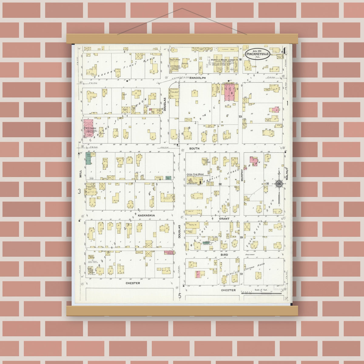 Old map wall art mockup — magnetic wood frame on brick wall — Sanborn Fire Insurance Map from Pinckneyville, Perry County, Illinois (1910), Sheet #0004