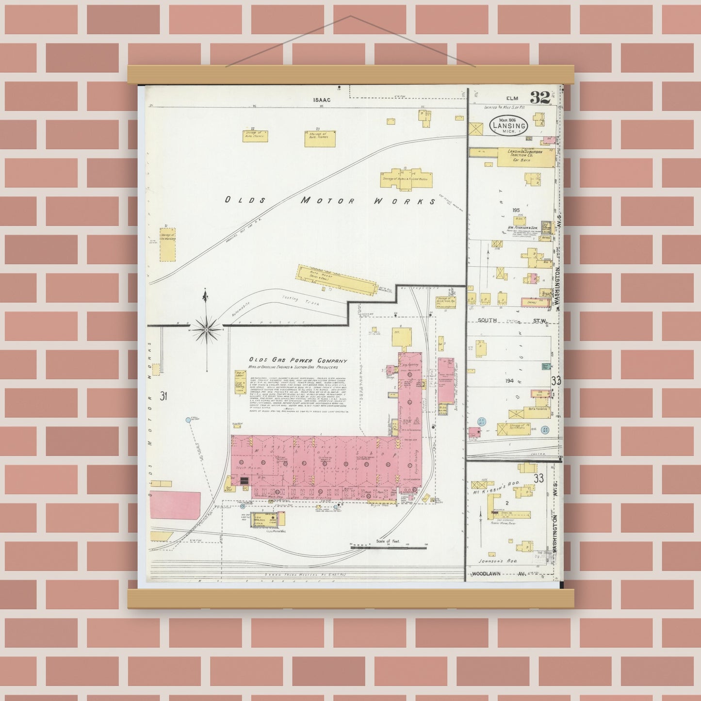 Old map wall art mockup — magnetic wood frame on brick wall — Sanborn Fire Insurance Map from Lansing, Ingham County, Michigan (1906), Sheet #0032