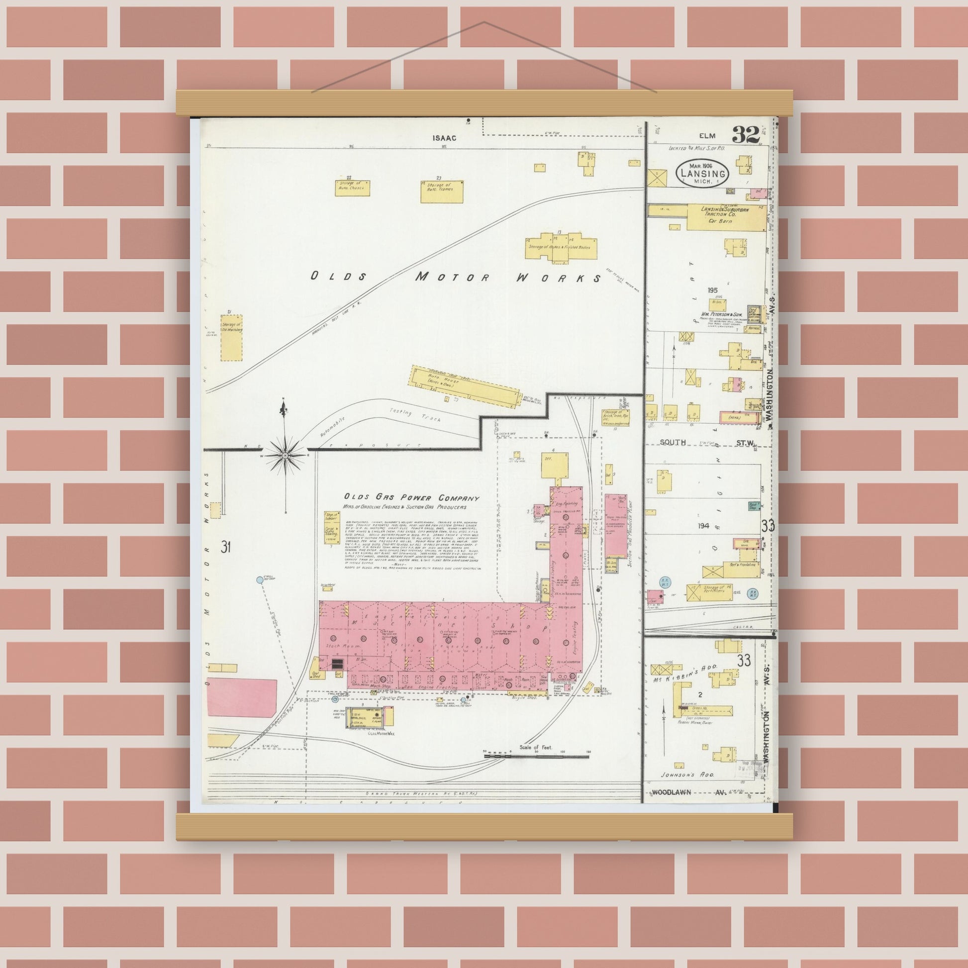 Old map wall art mockup — magnetic wood frame on brick wall — Sanborn Fire Insurance Map from Lansing, Ingham County, Michigan (1906), Sheet #0032