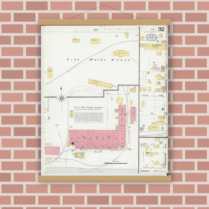 Old map wall art mockup — magnetic wood frame on brick wall — Sanborn Fire Insurance Map from Lansing, Ingham County, Michigan (1906), Sheet #0032