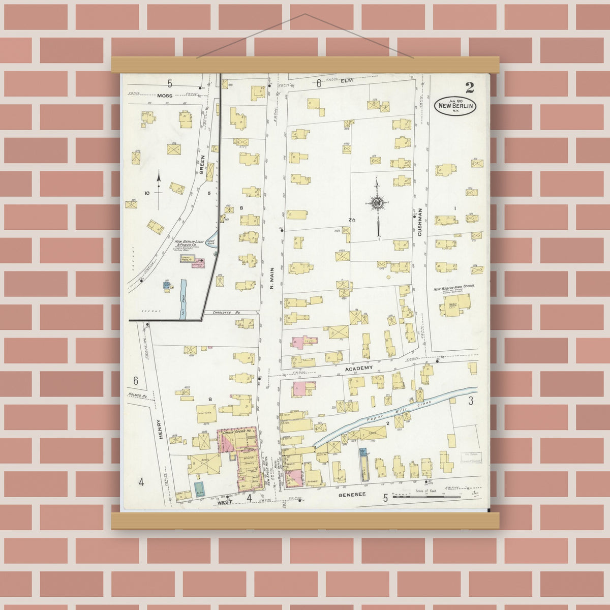 Old map wall art mockup — magnetic wood frame on brick wall — Sanborn Fire Insurance Map from New Berlin, Chenango County, New York (1910), Sheet #0002