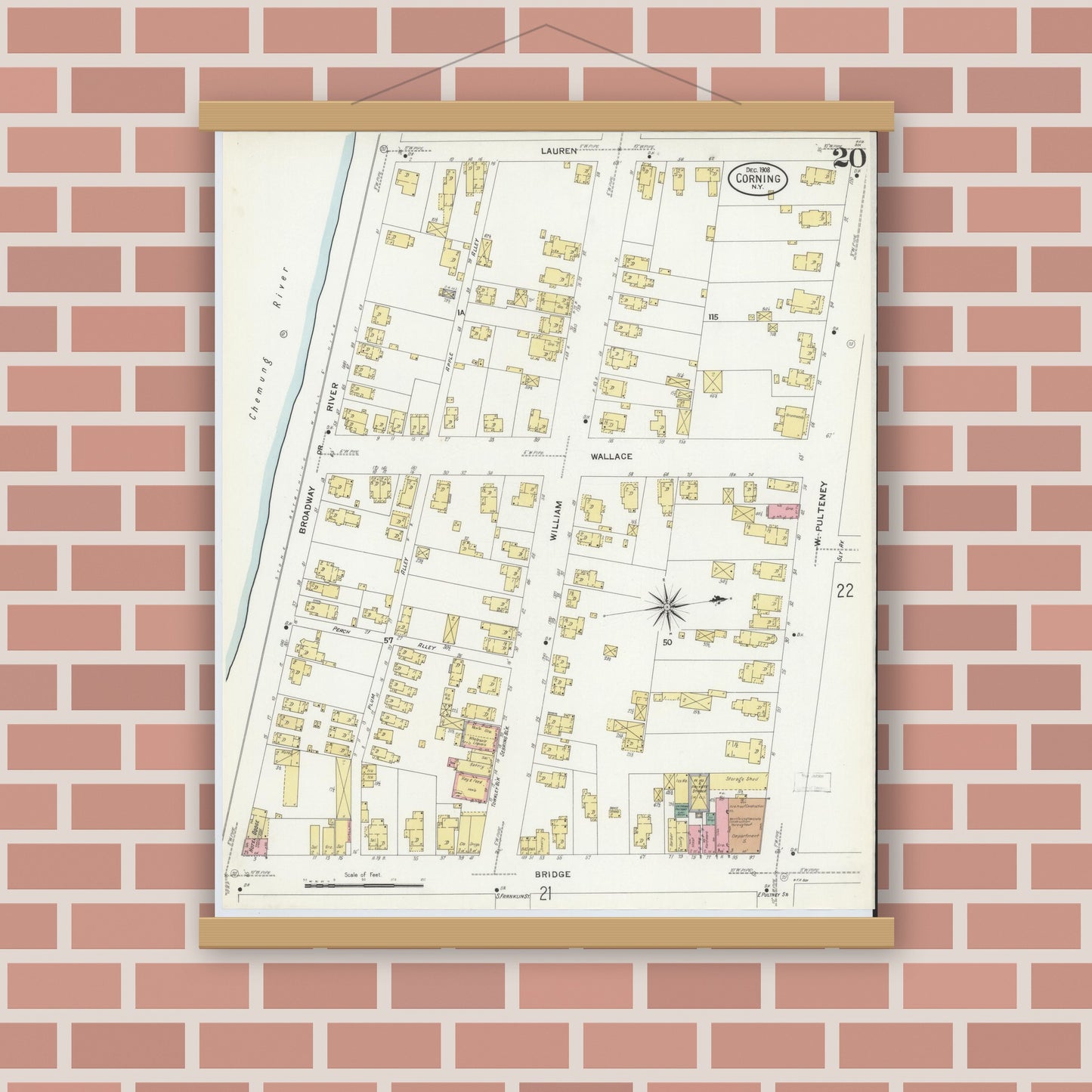Old map wall art mockup — magnetic wood frame on brick wall — Sanborn Fire Insurance Map from Corning, Steuben County, New York (1908), Sheet #0020