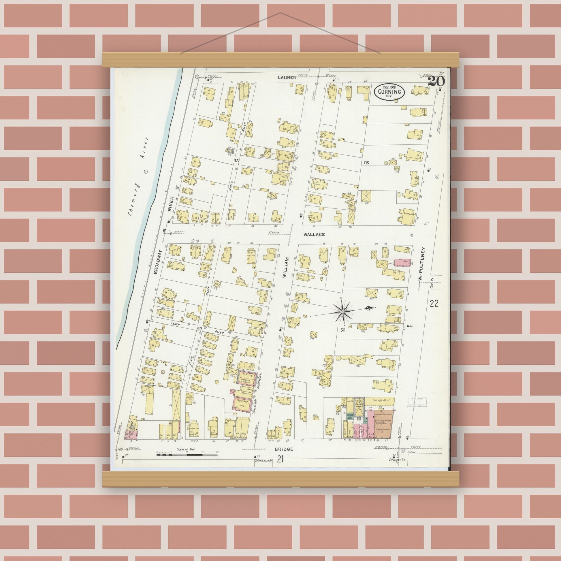 Old map wall art mockup — magnetic wood frame on brick wall — Sanborn Fire Insurance Map from Corning, Steuben County, New York (1908), Sheet #0020