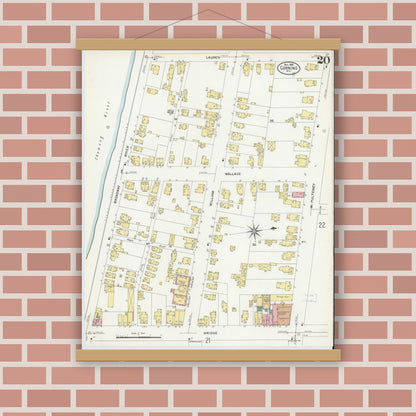 Old map wall art mockup — magnetic wood frame on brick wall — Sanborn Fire Insurance Map from Corning, Steuben County, New York (1908), Sheet #0020