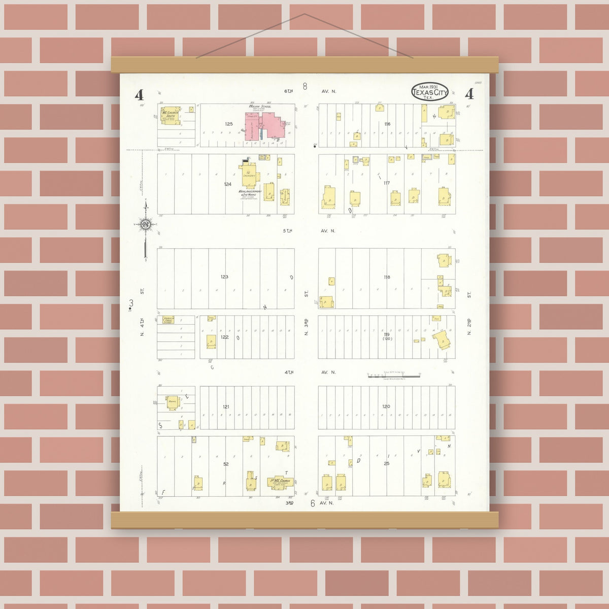 Old map wall art mockup — magnetic wood frame on brick wall — Sanborn Fire Insurance Map from Texas City, Galveston County, Texas (1931), Sheet #0004