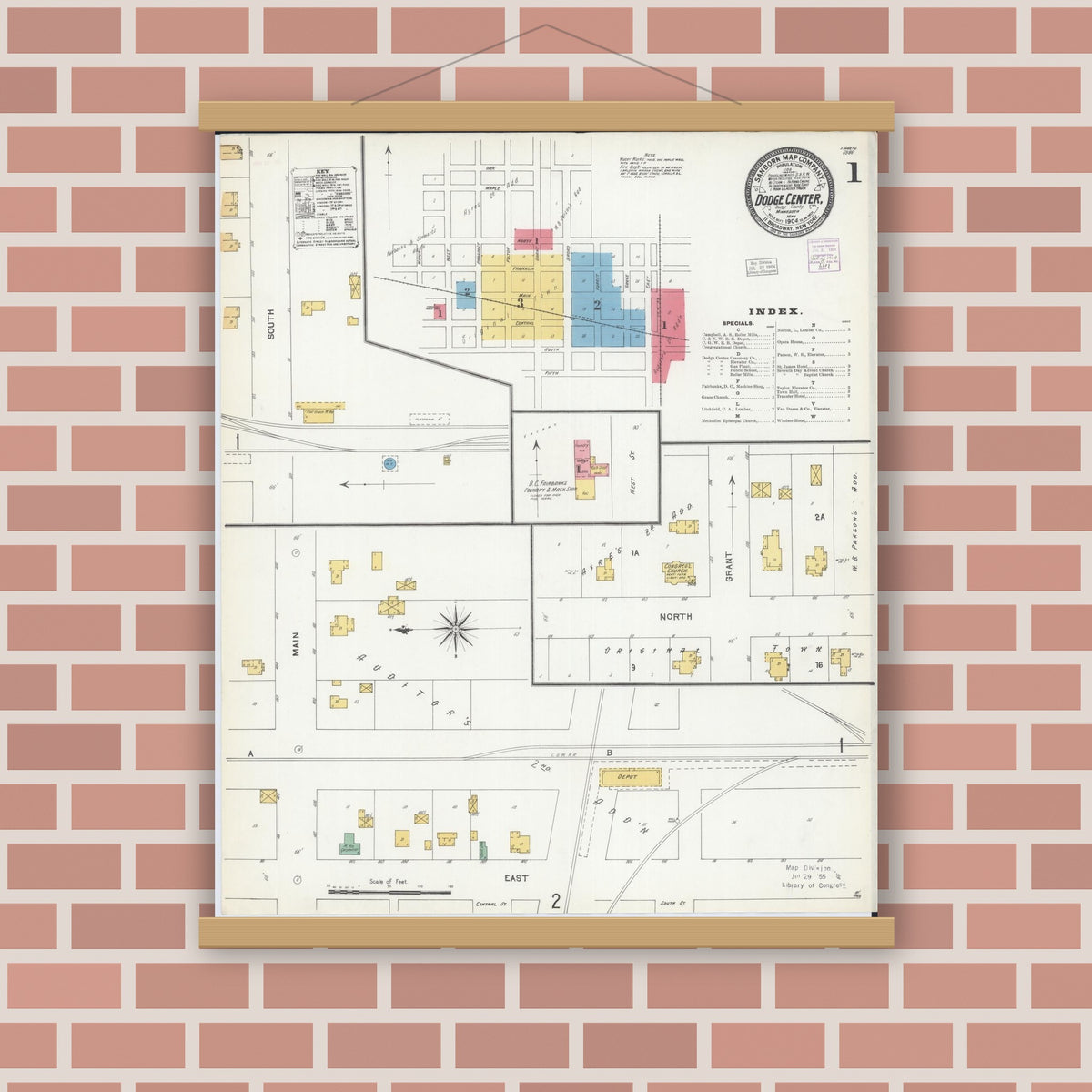 Old map wall art mockup — magnetic wood frame on brick wall — Sanborn Fire Insurance Map from Dodge Center, Dodge County, Minnesota (1904) - Complete Map Set