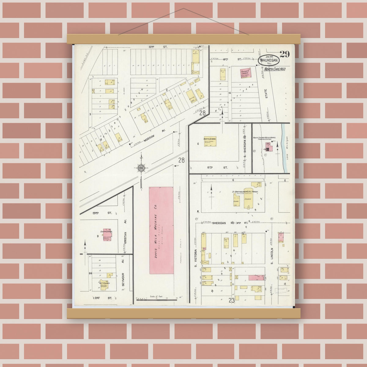 Old map wall art mockup — magnetic wood frame on brick wall — Sanborn Fire Insurance Map from Waukegan, Lake County, Illinois (1912), Sheet #0029