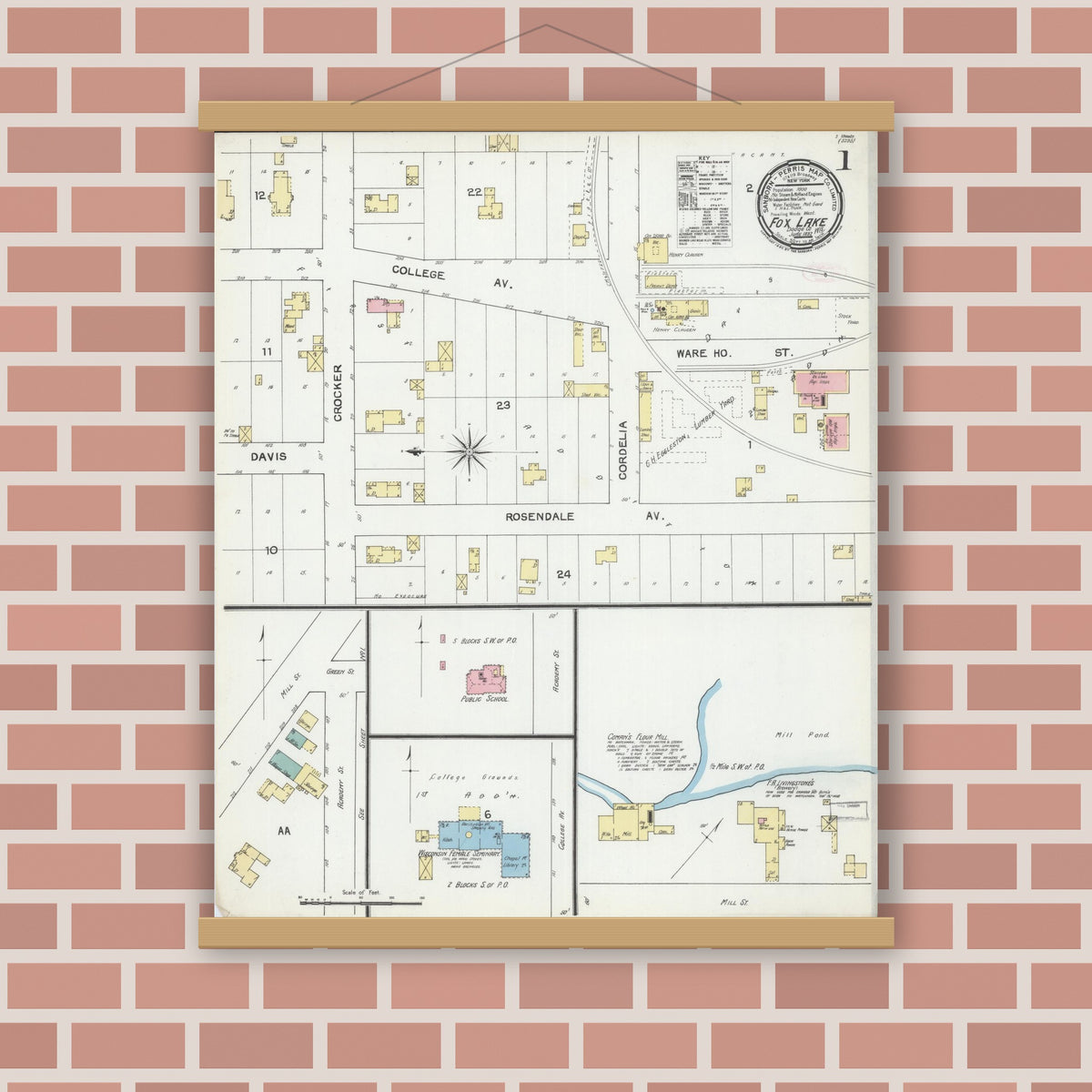 Old map wall art mockup — magnetic wood frame on brick wall — Sanborn Fire Insurance Map from Fox Lake, Dodge County, Wisconsin (1892) - Complete Map Set