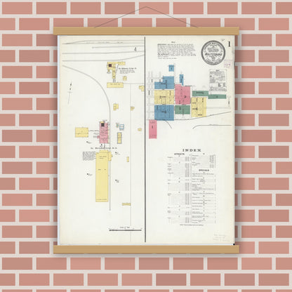 Old map wall art mockup — magnetic wood frame on brick wall — Sanborn Fire Insurance Map from Whitesboro, Grayson County, Texas (1907), Sheet #0001