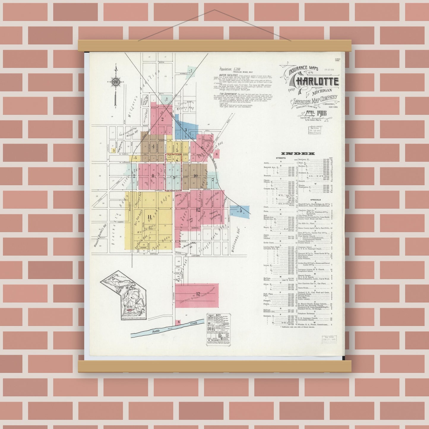 Old map wall art mockup — magnetic wood frame on brick wall — Sanborn Fire Insurance Map from Charlotte, Eaton County, Michigan (1918), Sheet #0001