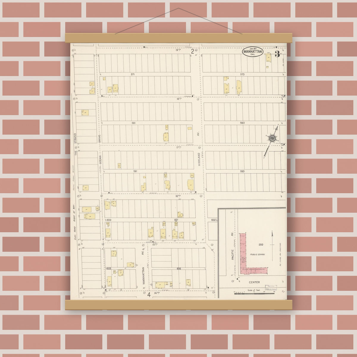 Old map wall art mockup — magnetic wood frame on brick wall — Sanborn Fire Insurance Map from Manhattan Beach, Los Angeles County, California (1917), Sheet #0003