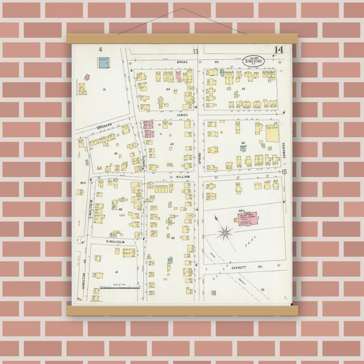 Old map wall art mockup — magnetic wood frame on brick wall — Sanborn Fire Insurance Map from Sing Sing, Westchester County, New York (1897), Sheet #0014