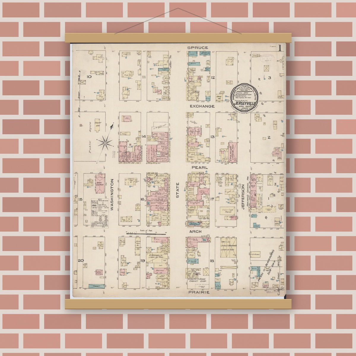 Old map wall art mockup — magnetic wood frame on brick wall — Sanborn Fire Insurance Map from Jerseyville, Jersey County, Illinois (1885), Sheet #0001