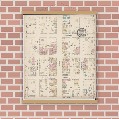 Old map wall art mockup — magnetic wood frame on brick wall — Sanborn Fire Insurance Map from Jerseyville, Jersey County, Illinois (1885), Sheet #0001