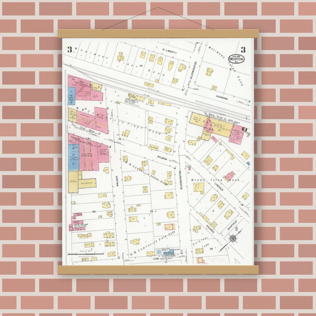 Old map wall art mockup — magnetic wood frame on brick wall — Sanborn Fire Insurance Map from Morton, Tazewell County, Illinois (1926), Sheet #0003
