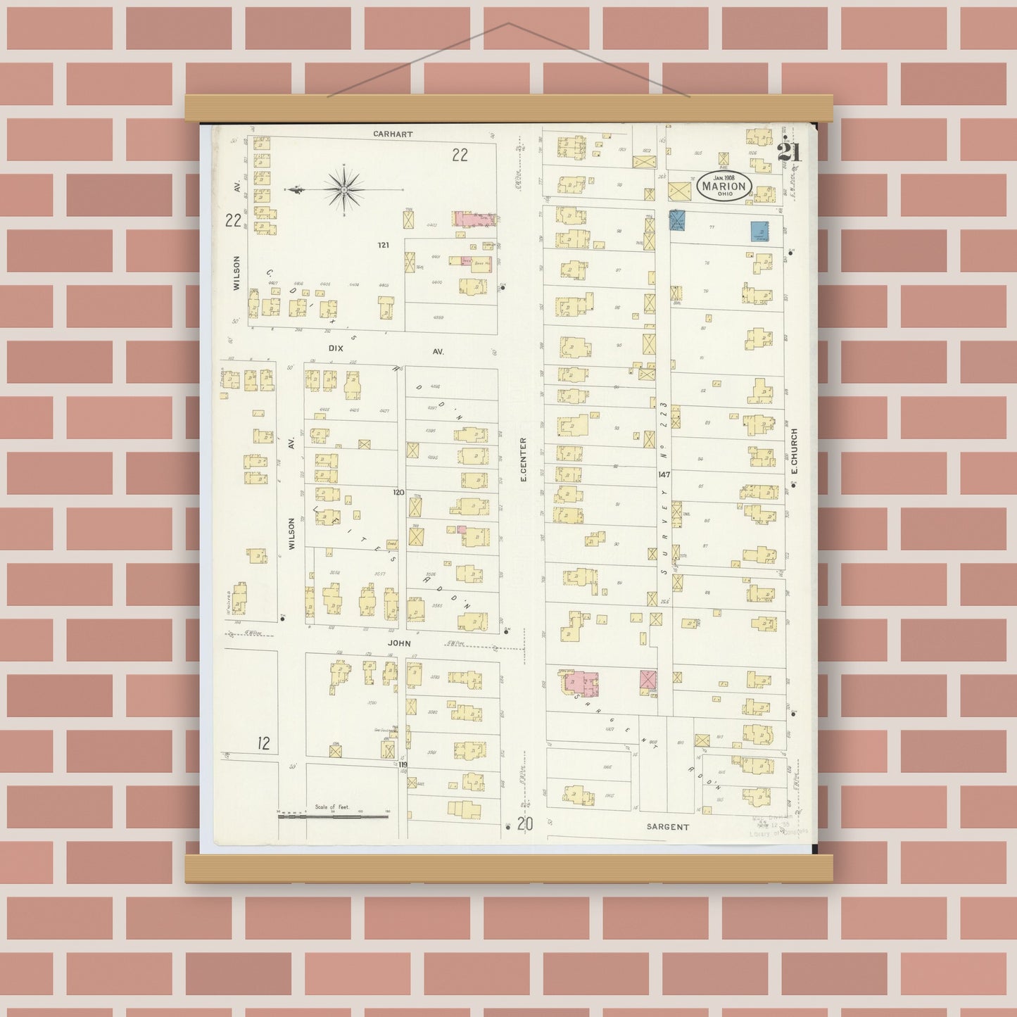 Old map wall art mockup — magnetic wood frame on brick wall — Sanborn Fire Insurance Map from Marion, Marion County, Ohio (1908), Sheet #0021