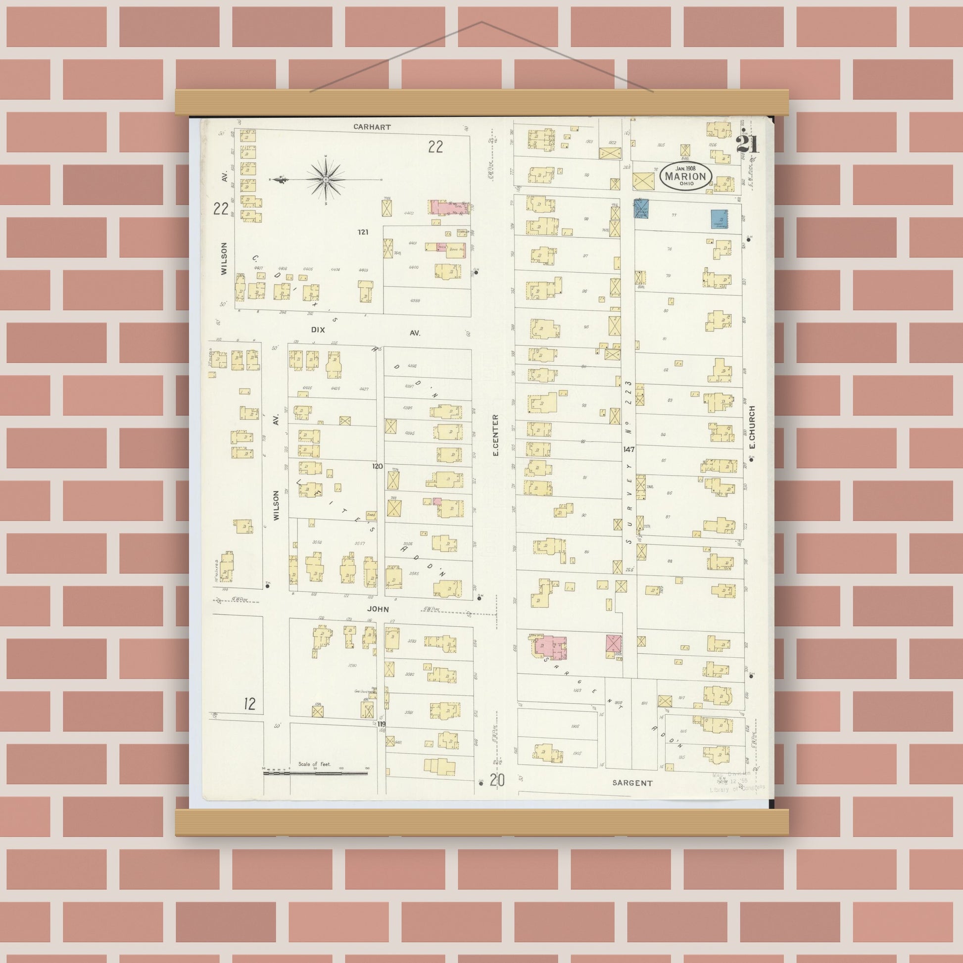 Old map wall art mockup — magnetic wood frame on brick wall — Sanborn Fire Insurance Map from Marion, Marion County, Ohio (1908), Sheet #0021