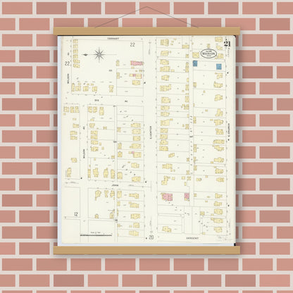 Old map wall art mockup — magnetic wood frame on brick wall — Sanborn Fire Insurance Map from Marion, Marion County, Ohio (1908), Sheet #0021